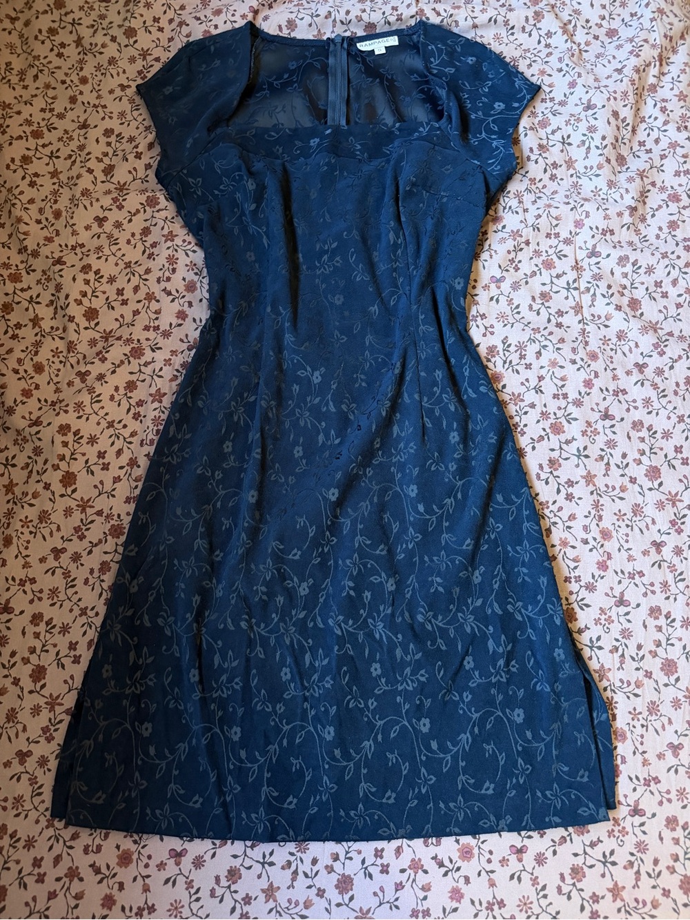 Vintage 90s Rampage Navy Blue Jacquard Mini Dress Square Neck